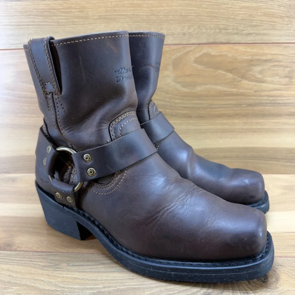 Harley Davidson Harness Womens Boots 7.5 Brown Leather Square Toe Biker Zip - Picture 2 of 11